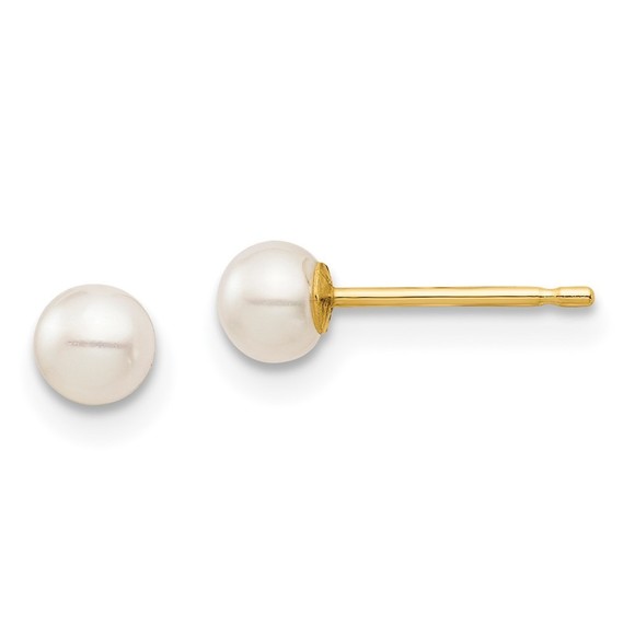 14k Yellow Gold Childrens 3-4mm White Round FWC Pearl Stud Post Earrings